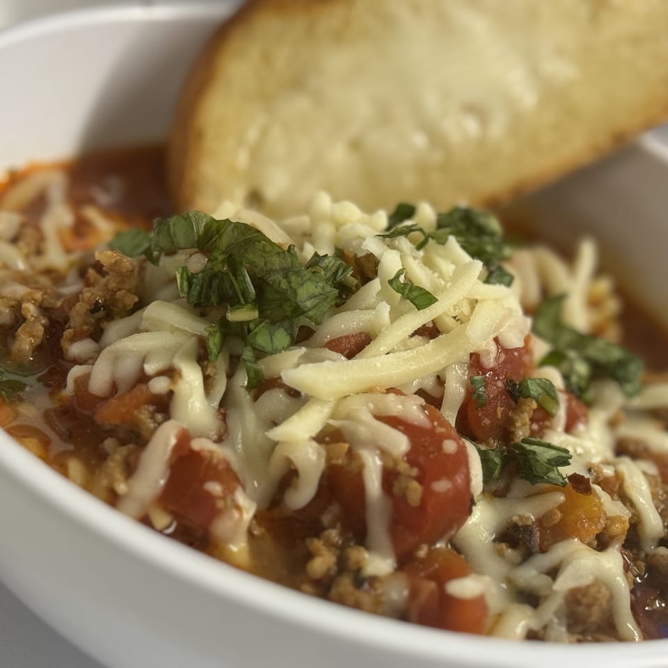 Hearty bowl of chili with melted cheese, diced tomatoes, ground meat, and fresh herbs, served with toasted bread.